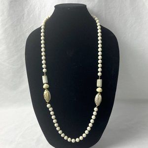 Vintage Beaded Necklace Acrylic Long Lightweight Cream Decorative Gold & White